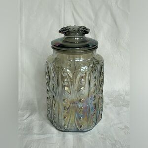 Vtg LE Smith Atterbury Scroll Iridescent Carnival Glass Canister Jar Embossed